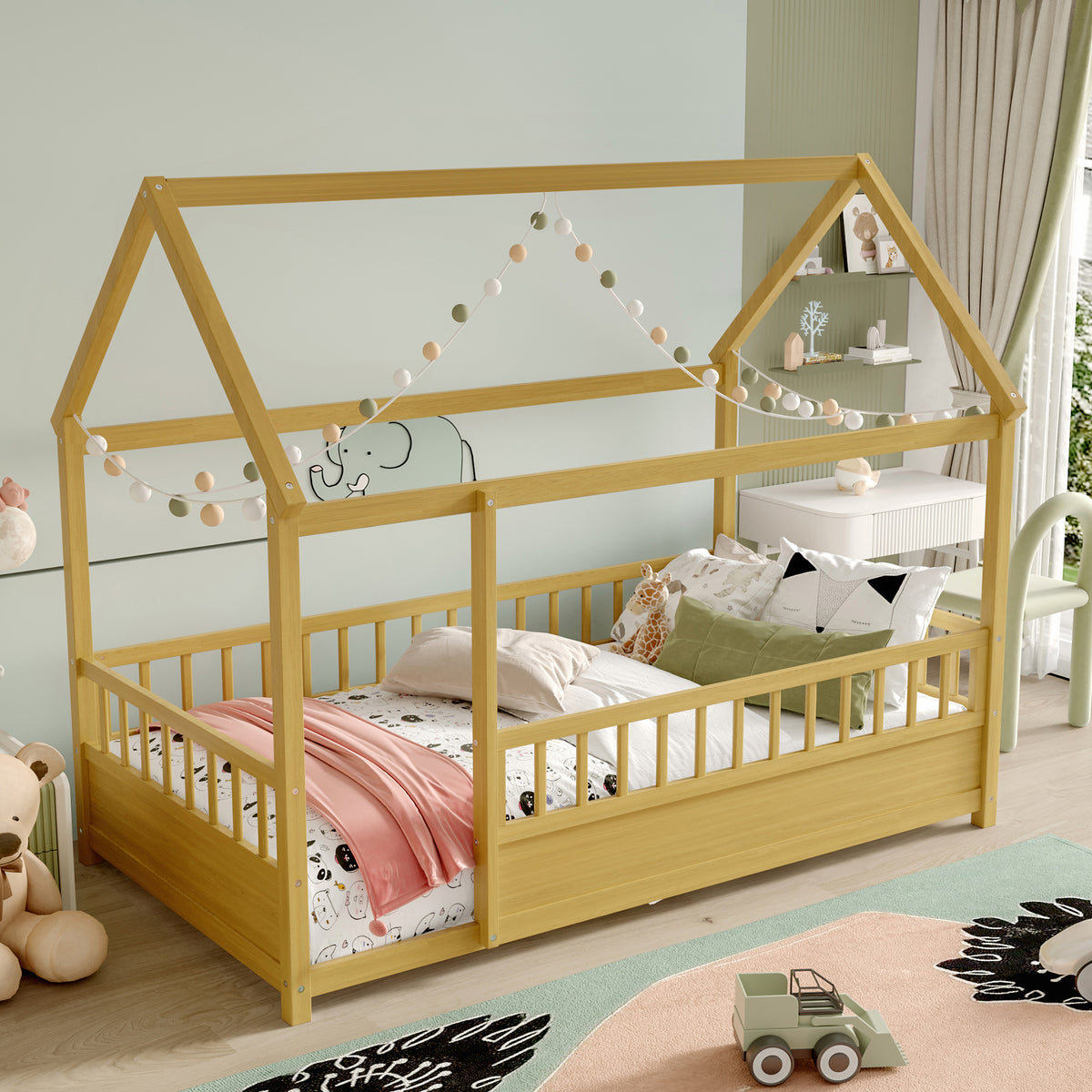 Alternate angle of Bed Frame House Roof & Guardrails Natural Wood Twin Size