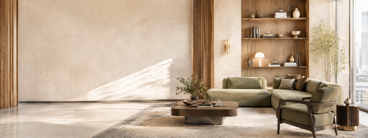 Modern living room with green sectional sofa, armchair and coffee table