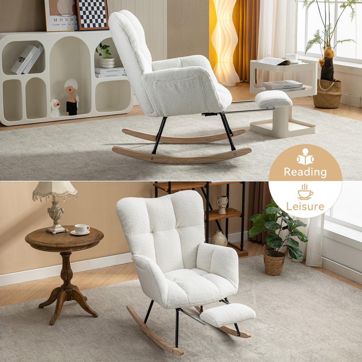 Construction and detail view of Rocking Chair Adjustable Footstool Ivory Teddy Fabric