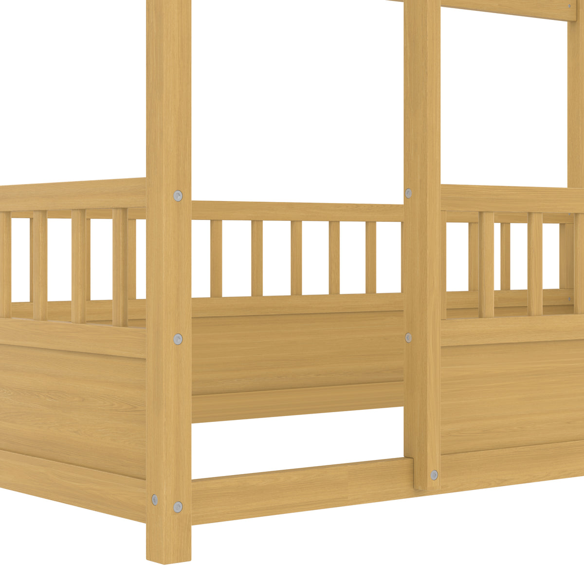 Construction and detail view of Bed Frame House Roof & Guardrails Natural Wood Twin Size