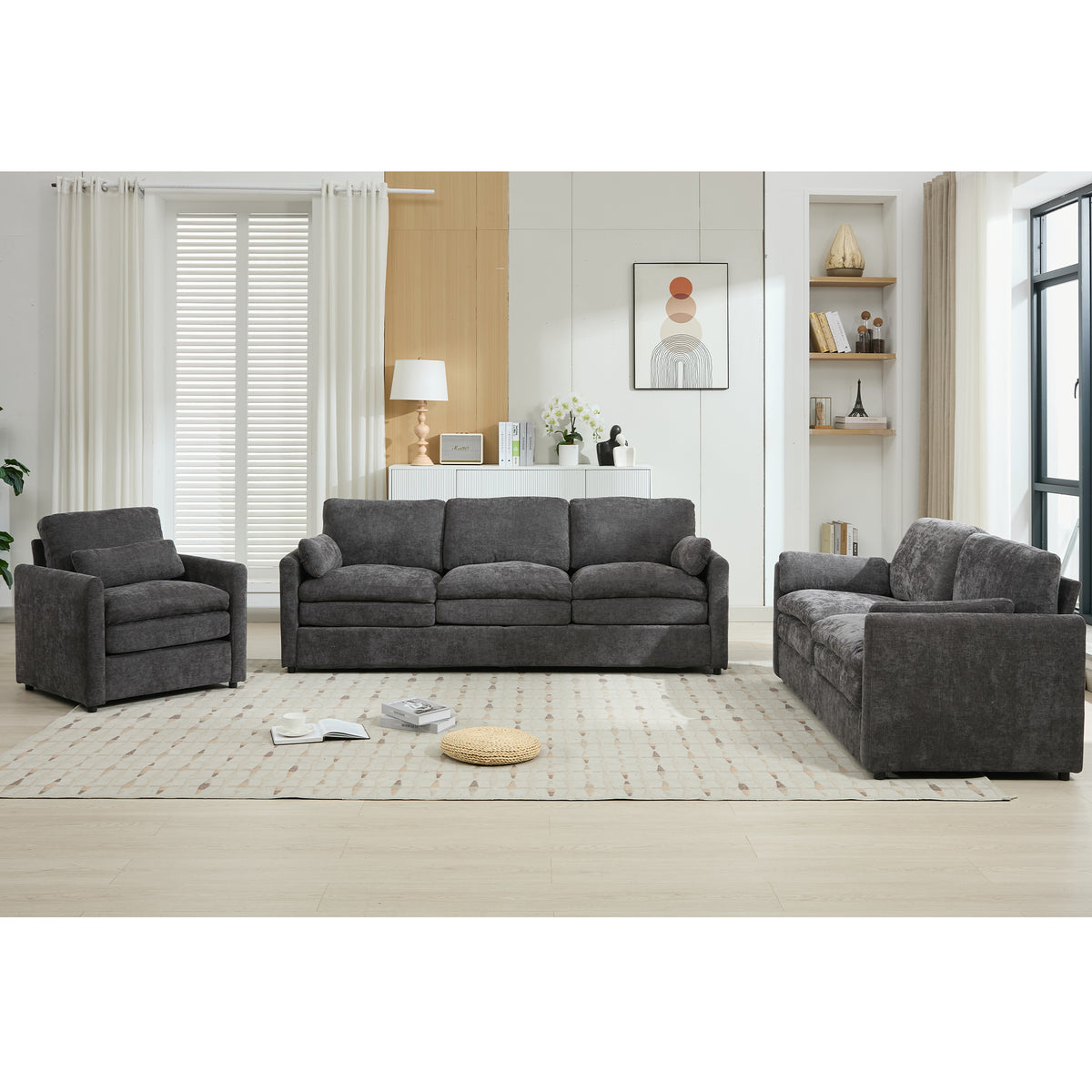 Additional view of Sofa Set Modern Double-Cushion Seating Gray Chenille 6-Seater