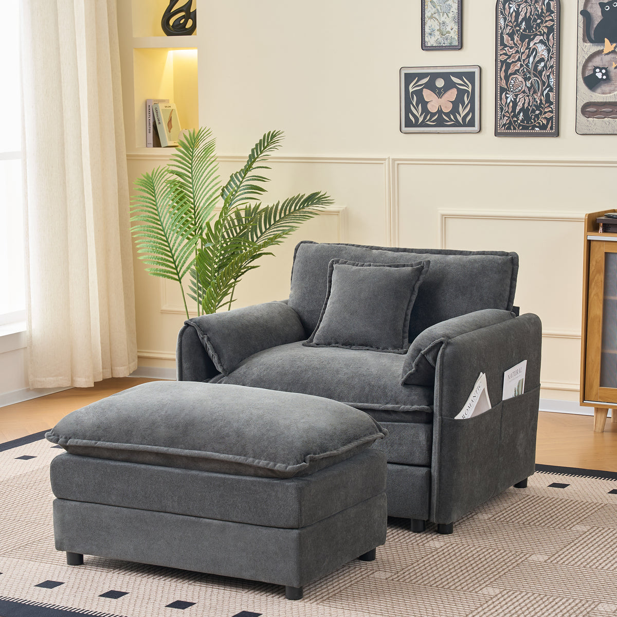 Ottoman Cushioned Footrest Gray Chenille in a modern living room
