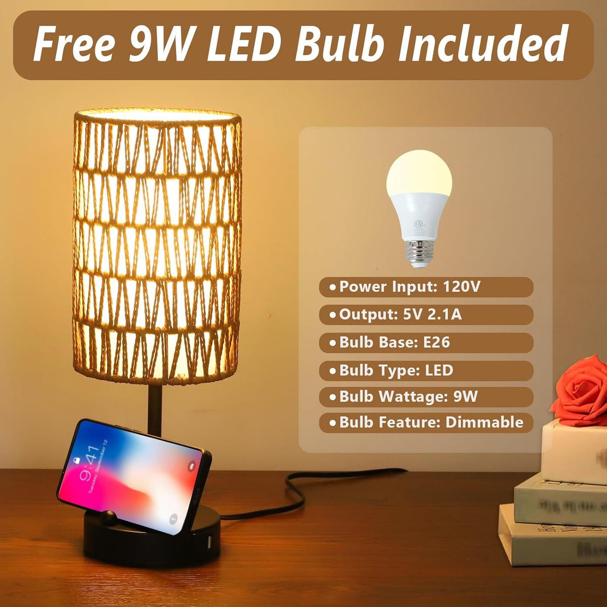 Construction and detail view of Table Lamp Boho Touch Control Brown Rattan & Linen