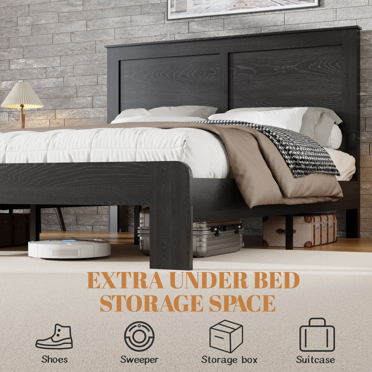 Alternate angle of Platform Bed Frame No Box Spring Antique Black Wood Full Size