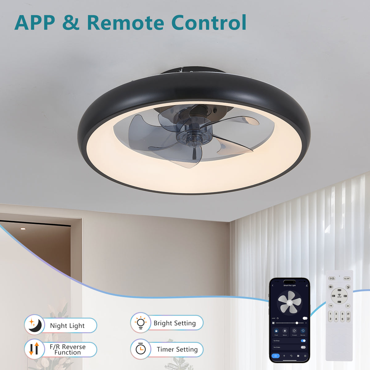 Design feature view of Ceiling Fan Light Modern Remote Control Black Iron