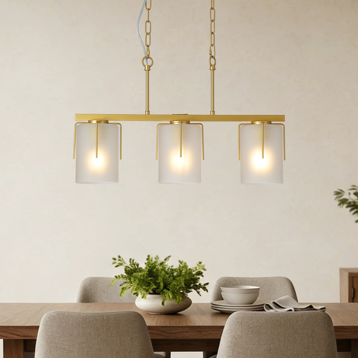 Close-up detail of Chandelier Modern 3-Light Linear Gold Glass & Metal