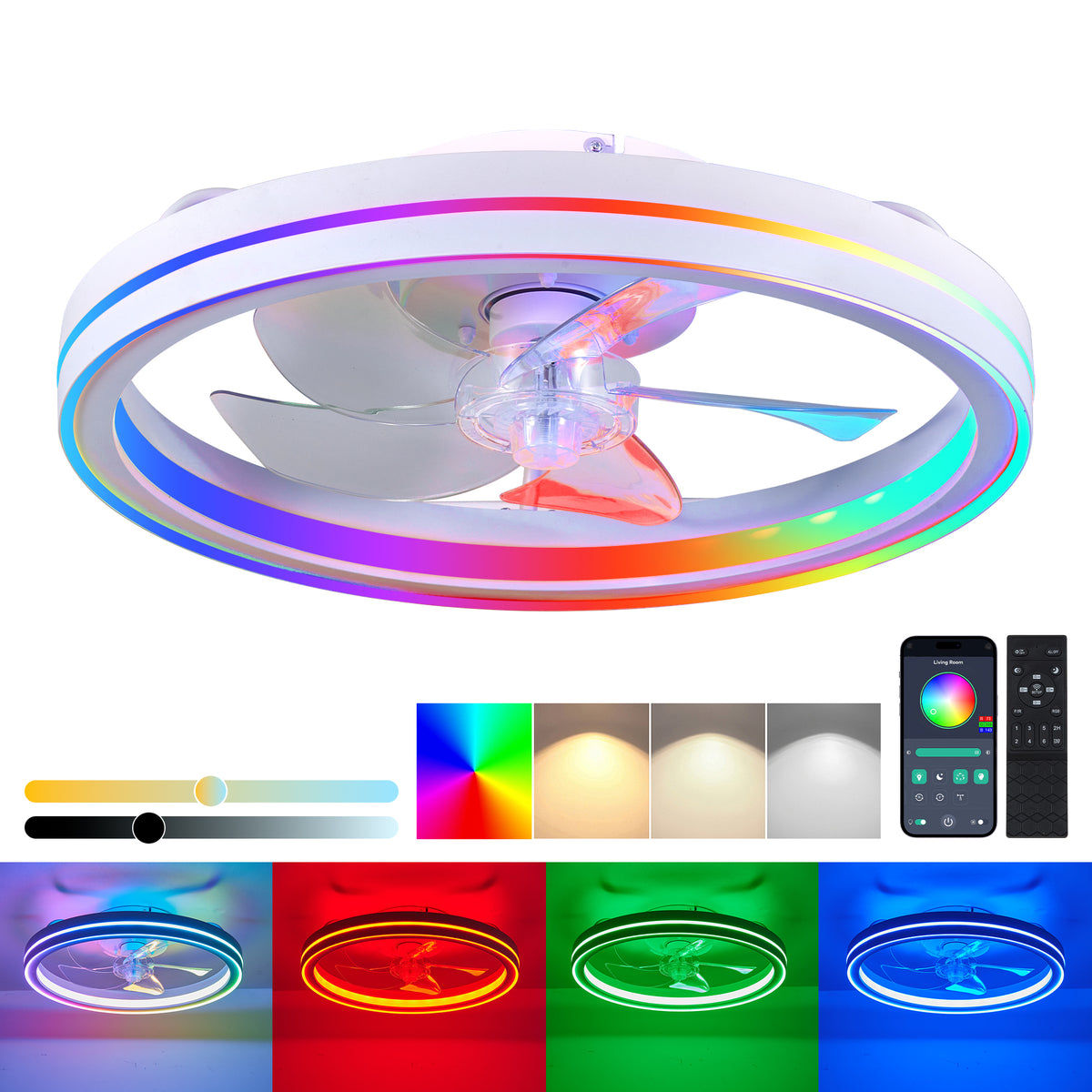 Alternate angle of Ceiling Fan Modern Remote & App Control White Iron