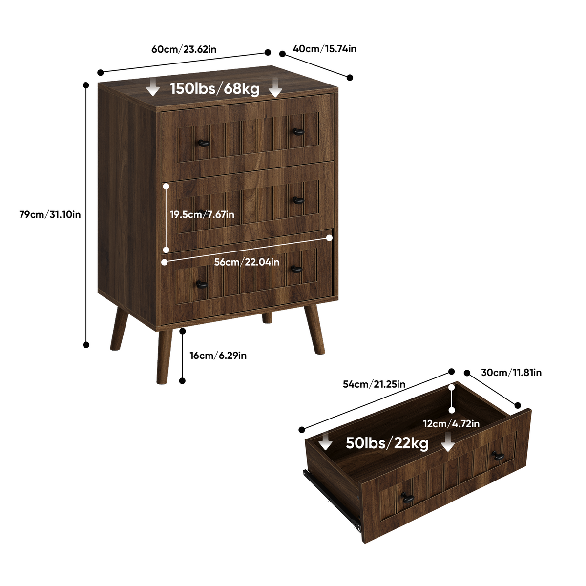 Alternate angle of Dresser 3-Drawer Storage Walnut Wood
