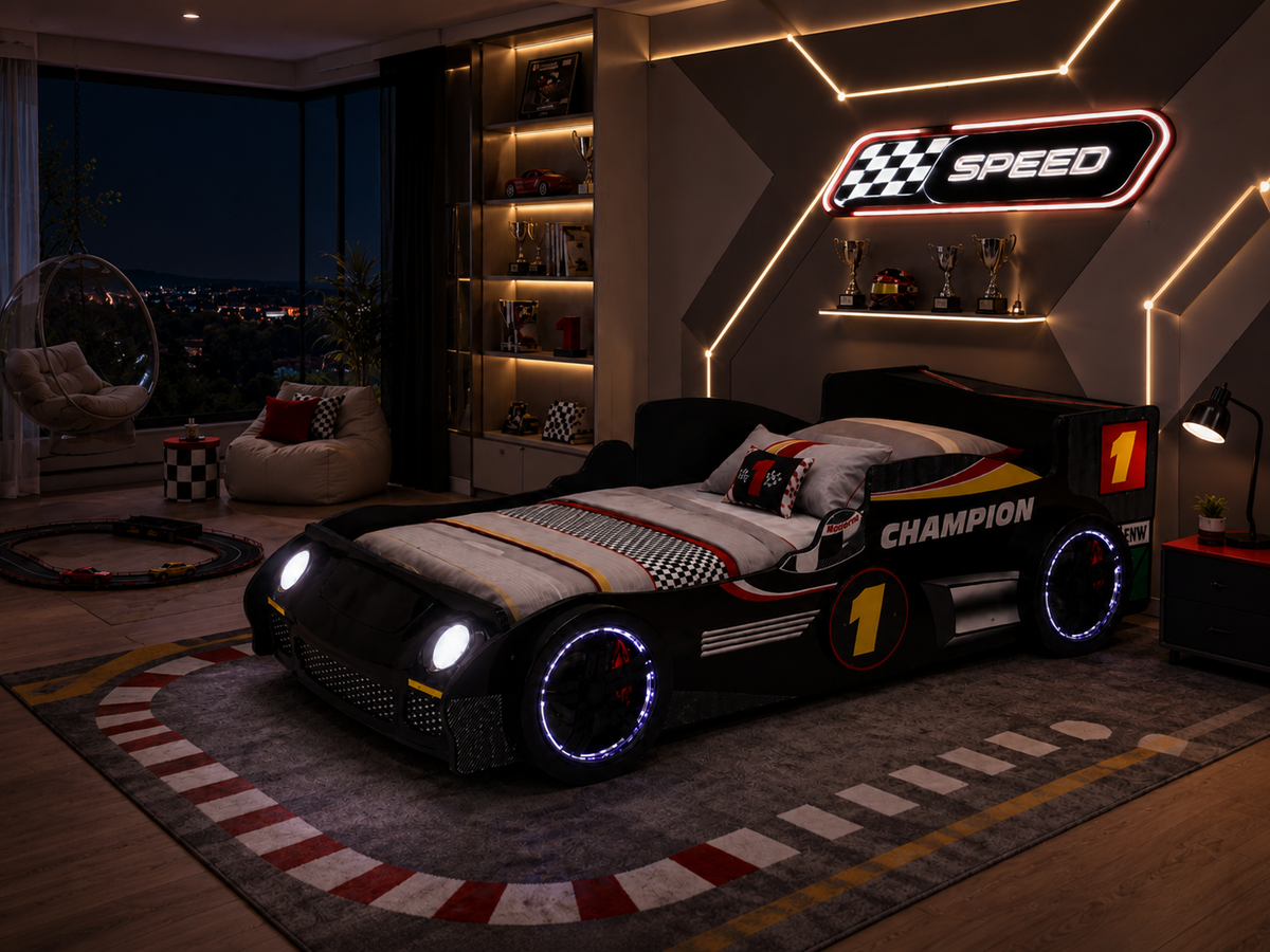 Design feature view of Bed Frame LED Race Car Design Black Particle Board Twin Size