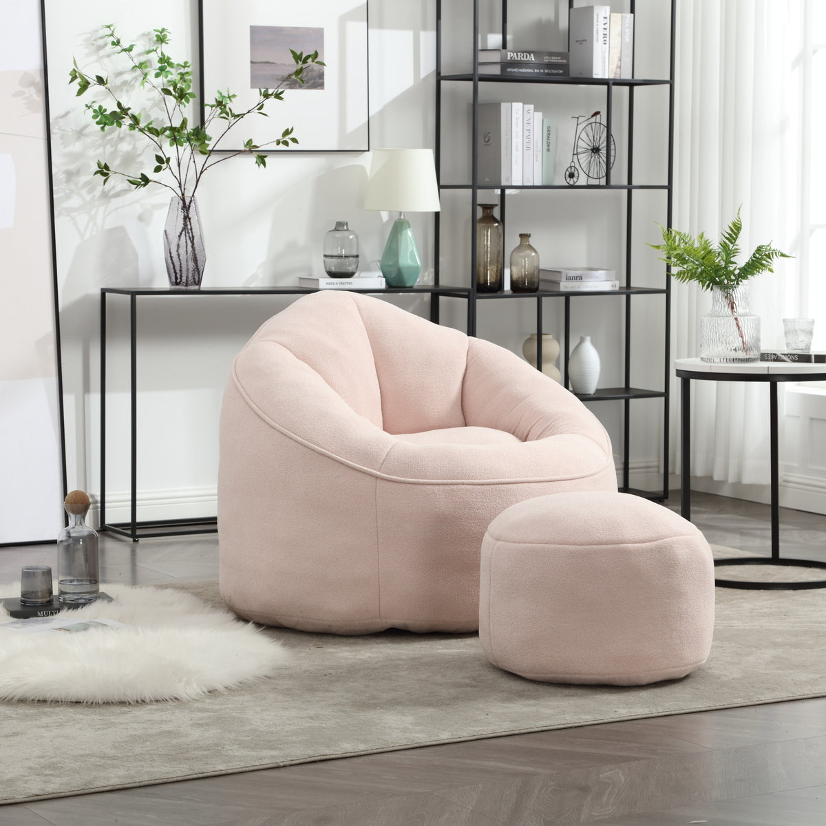 Bean Bag Chair Footstool Included Pink Microfiber in a modern living room