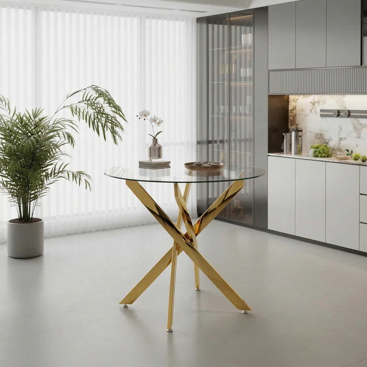 Dining Table Glass Top & Gold Legs Gold Glass in a modern home interior