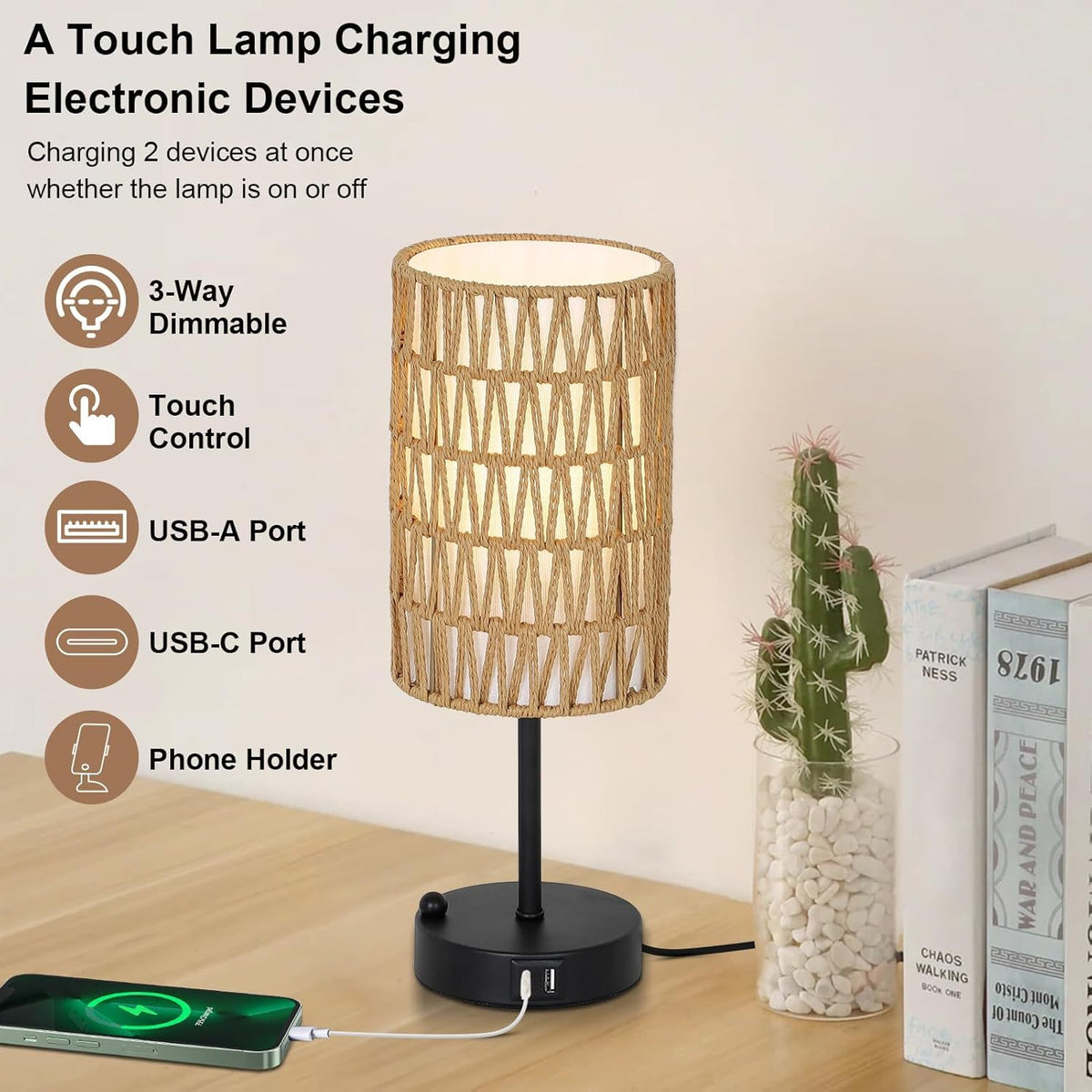 Full product view of Table Lamp Boho Touch Control Brown Rattan & Linen