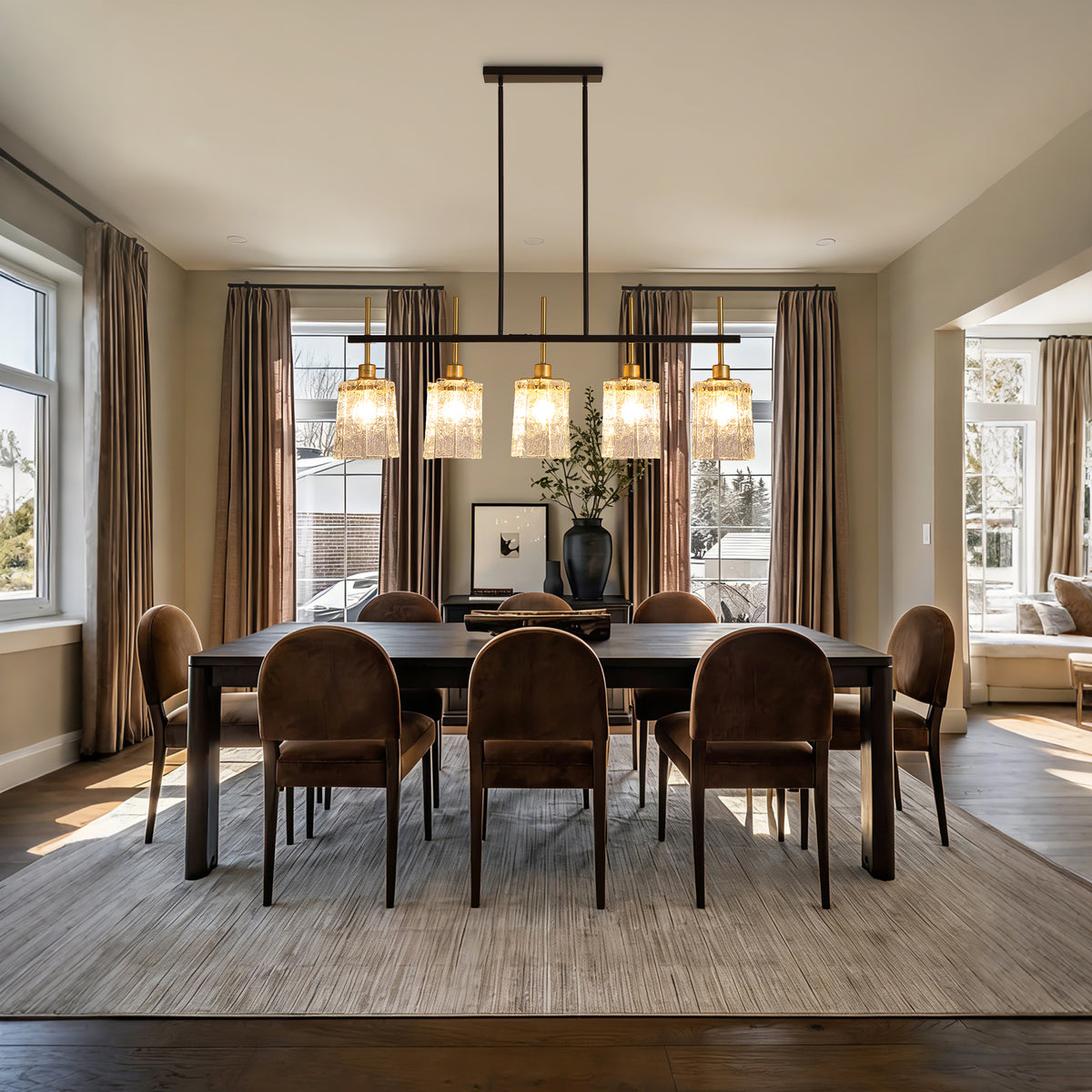 Construction and detail view of Chandelier Farmhouse 5-Light Fixture Black & Gold Glass & Metal