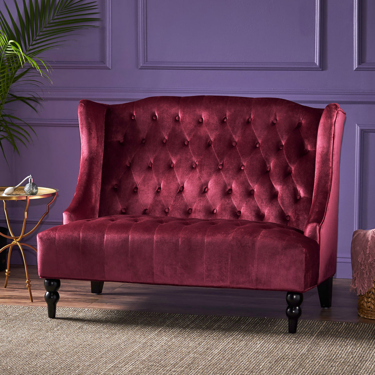 Close-up detail of Loveseat Sofa Cushioned Seating Wine Red Velvet 2-Seater