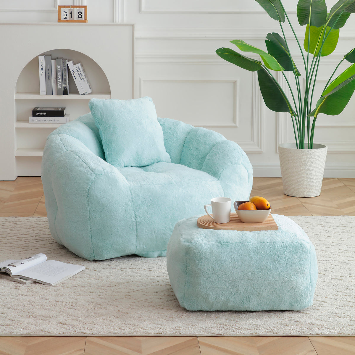 Bean Bag Chair Footstool Included Light Blue Faux Fur in a modern living room