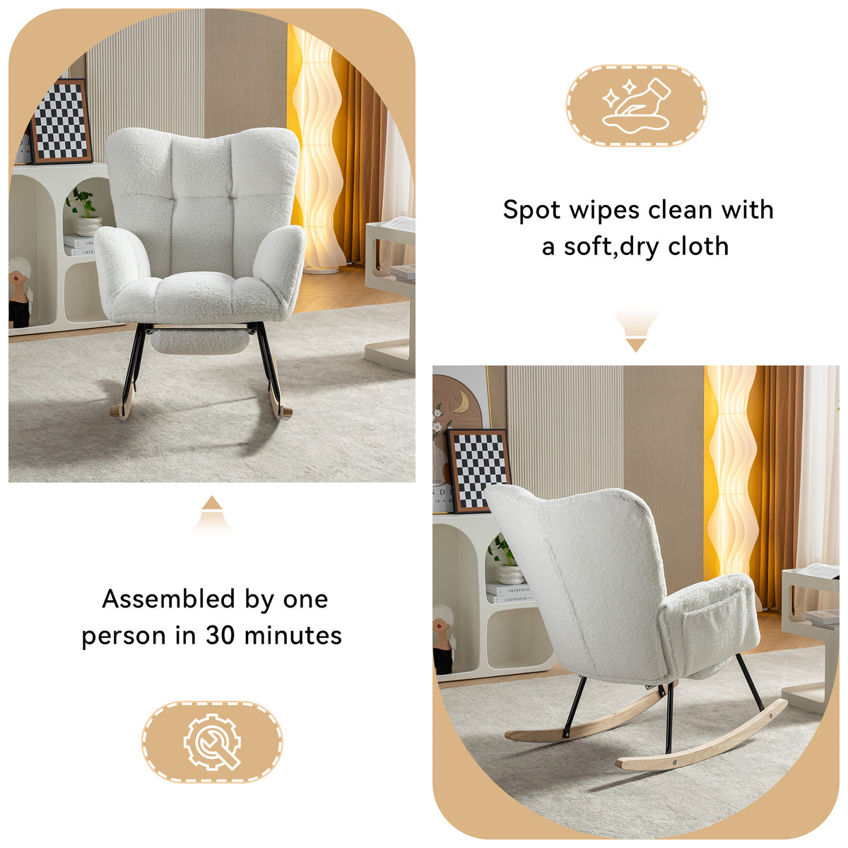 Additional product detail of Rocking Chair Adjustable Footstool Ivory Teddy Fabric