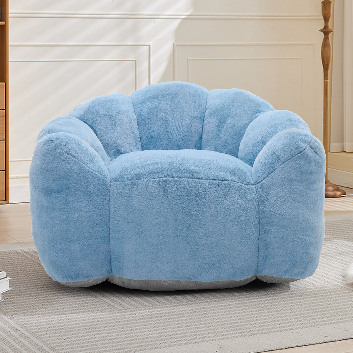 Construction and detail view of Bean Bag Chair Compressed Foam Blue Faux Fur