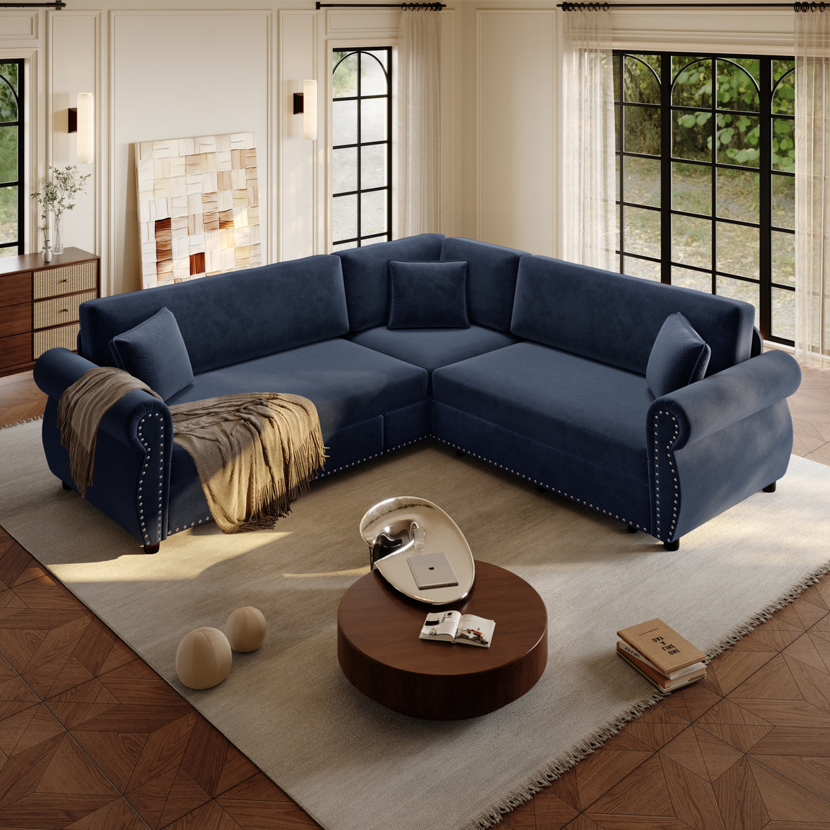 Sofa Bed Pull-Out Sleeper Blue Chenille in a modern living room