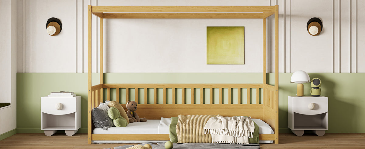 Close-up detail of Canopy Bed Modern Guardrails Natural Wood Pine Twin Size