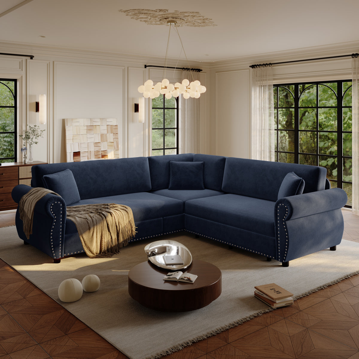 Design feature view of Sofa Bed Pull-Out Sleeper Blue Chenille