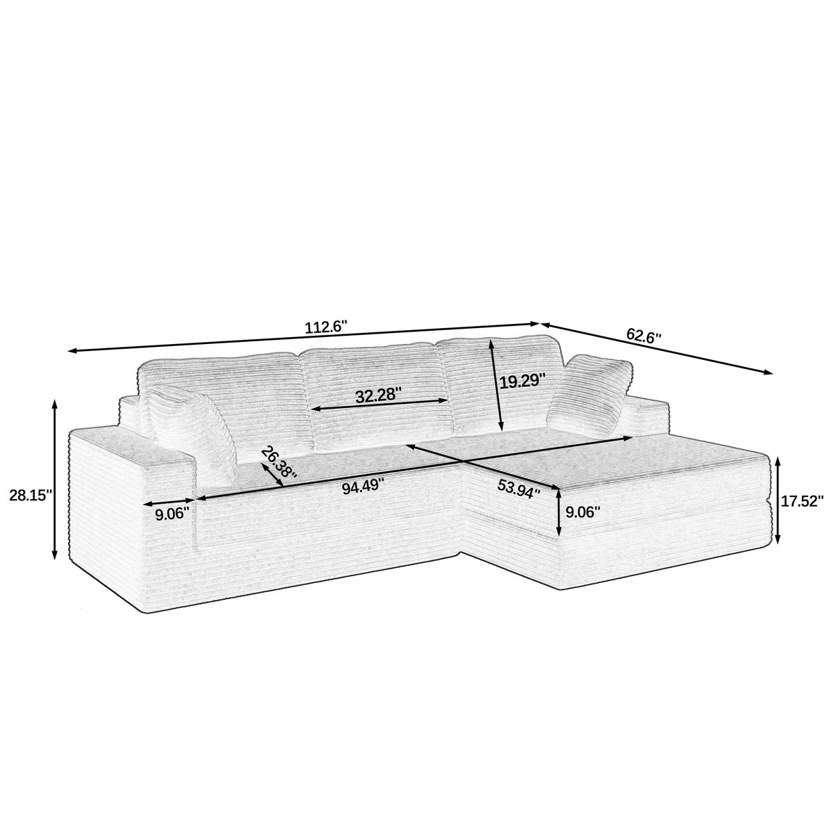 Alternate angle of Sectional Sofa Modular Sectional Black Corduroy 5-Seater