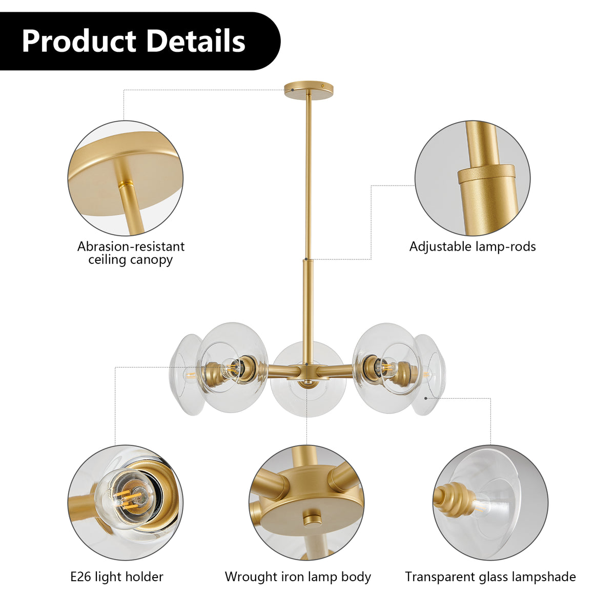 Additional view of Chandelier Modern 5-Light Sputnik Gold Glass
