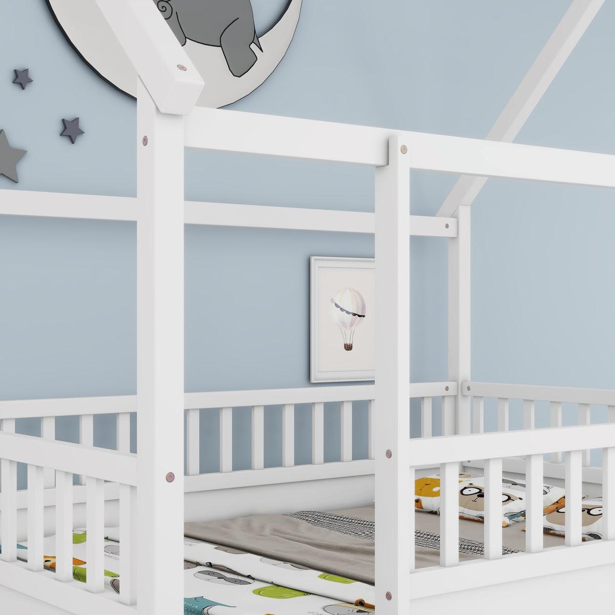 Full product view of Bed Frame Modern House Roof & Guardrails White Wood Full Size