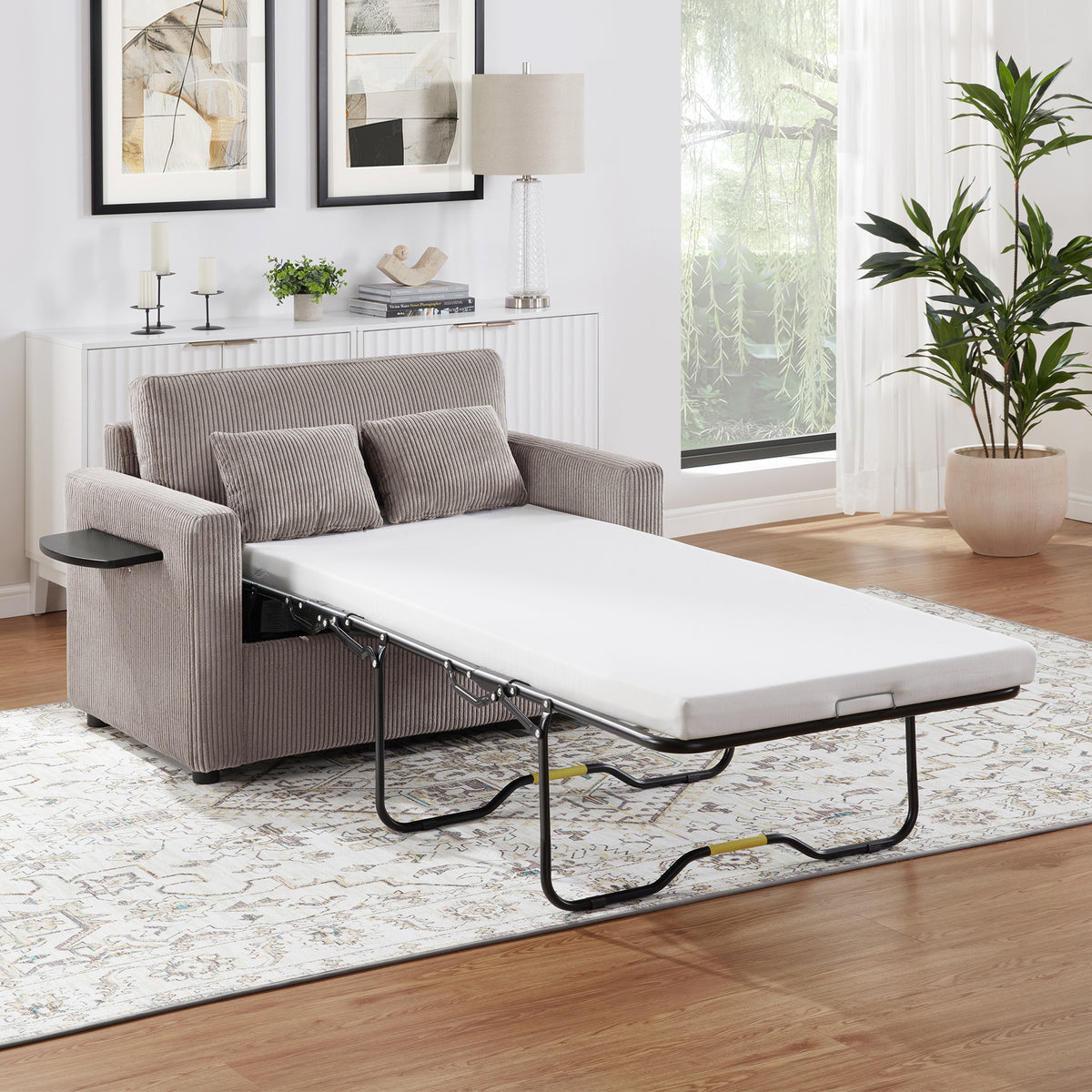 Full product view of Sofa Bed Twin Sleeper with USB Ports & Side Table Gray & Brown Corduroy