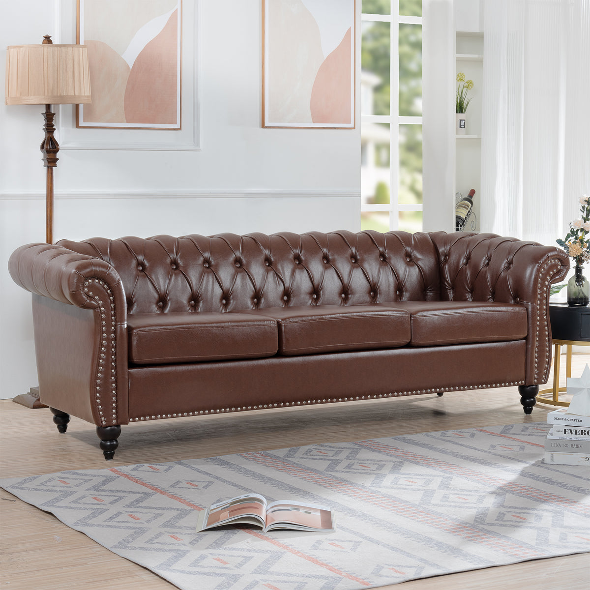 Sofa Chesterfield Cushioned Seating Dark Brown PU Leather 3-Seater in a modern living room