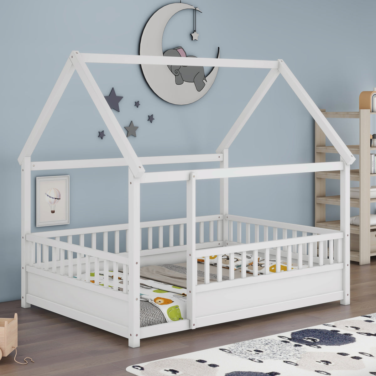 Design feature view of Bed Frame Modern House Roof & Guardrails White Wood Full Size