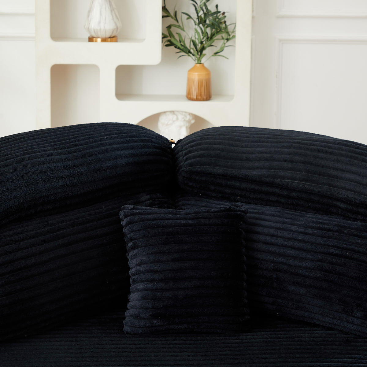 Construction and detail view of Lounge Chair Modern Cushioned Seating Black Corduroy 1-Seater
