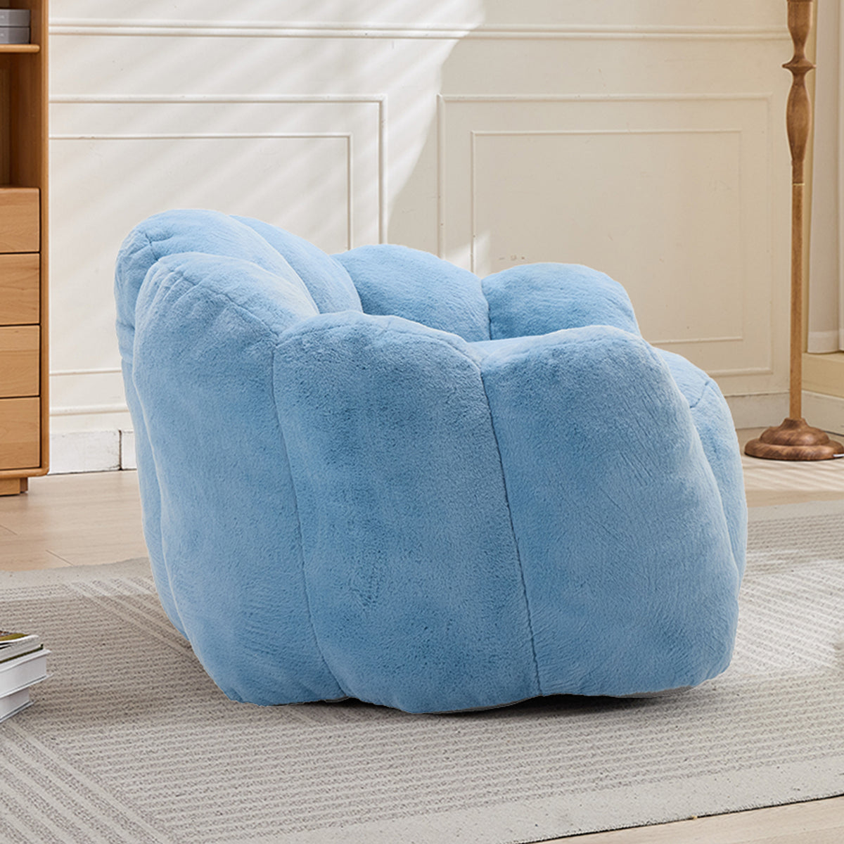 Design feature view of Bean Bag Chair Compressed Foam Blue Faux Fur