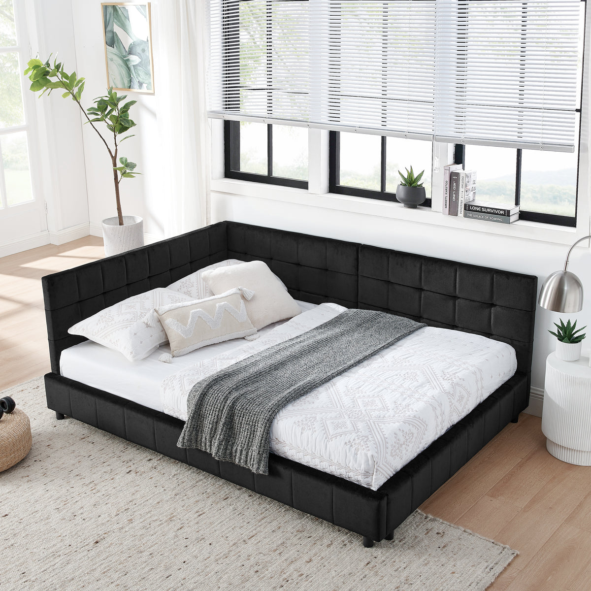 Bed Frame Modern Supportive Frame Black Velvet Full Size in a modern bedroom