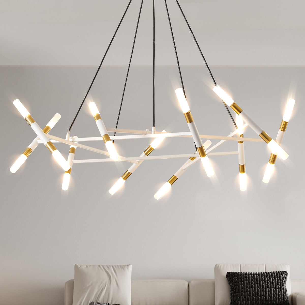 Full product view of Chandelier Branch Frosted-Tube Design White & Gold Iron