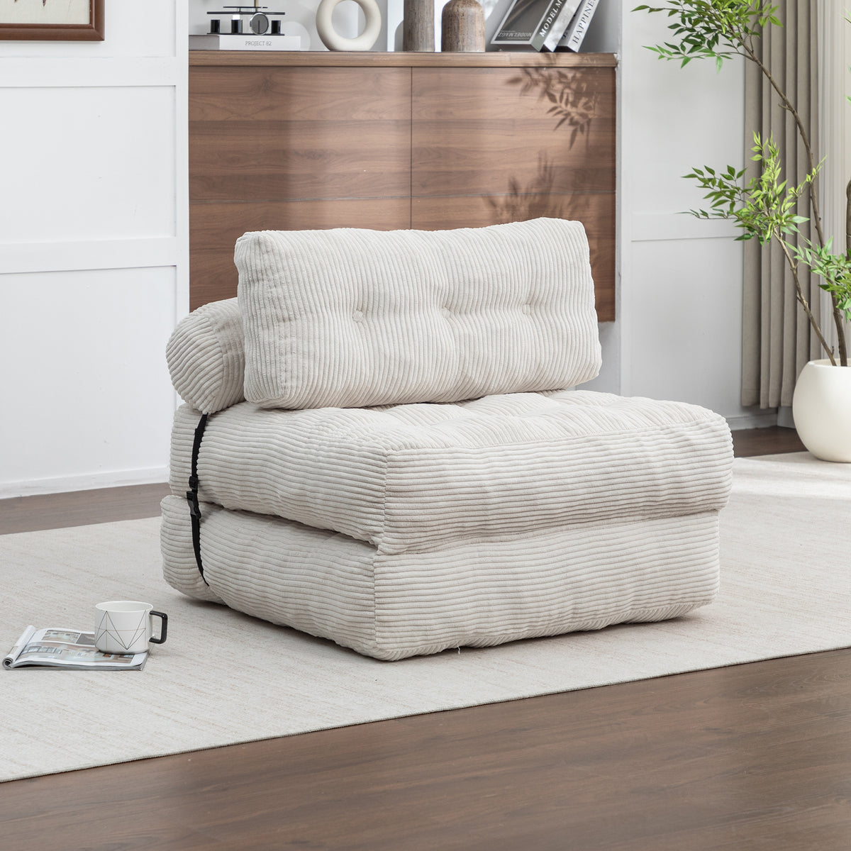 Sofa Bed Folding Sleeper with Headrest & Lumbar Pillow Beige Corduroy in a modern living room