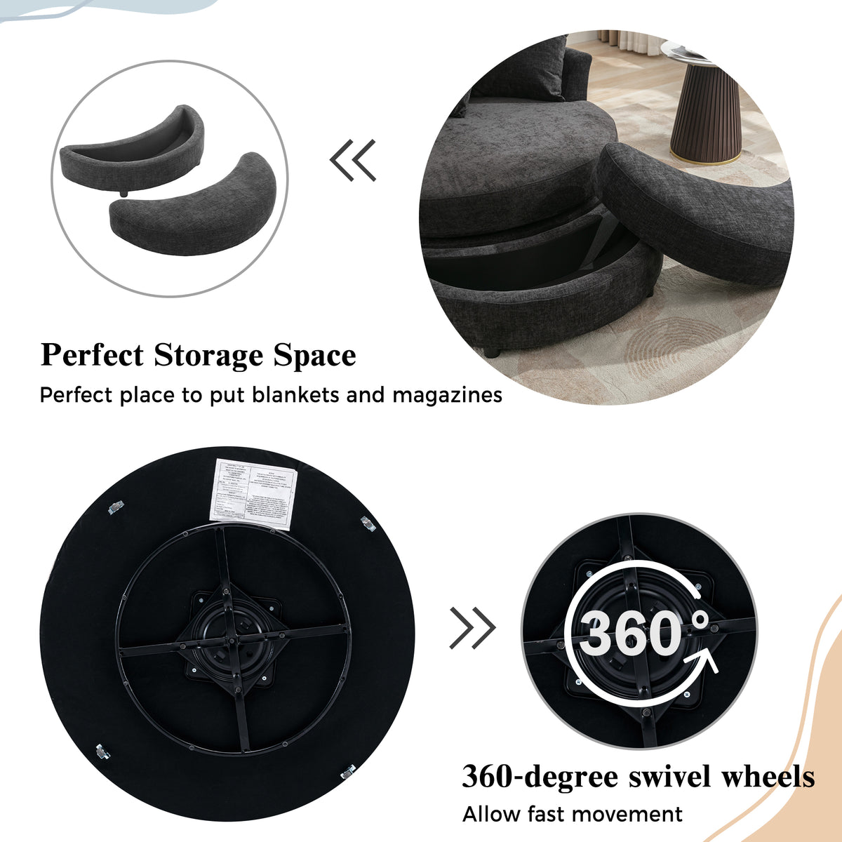 Design feature view of Swivel Lounge Chair 360° Swivel & Headrest Gray Chenille