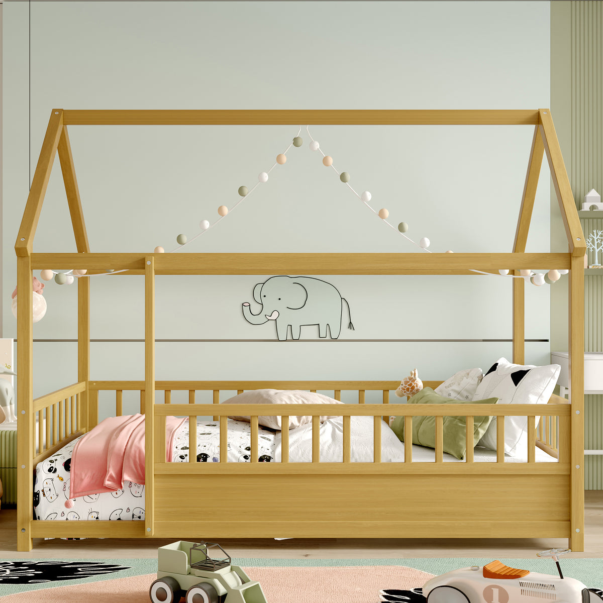 Bed Frame House Roof & Guardrails Natural Wood Twin Size in a modern bedroom