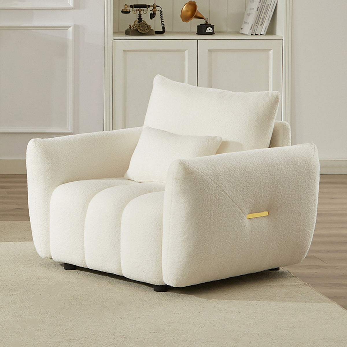 Full product view of Lounge Chair Cushioned Seating Beige Teddy Fabric