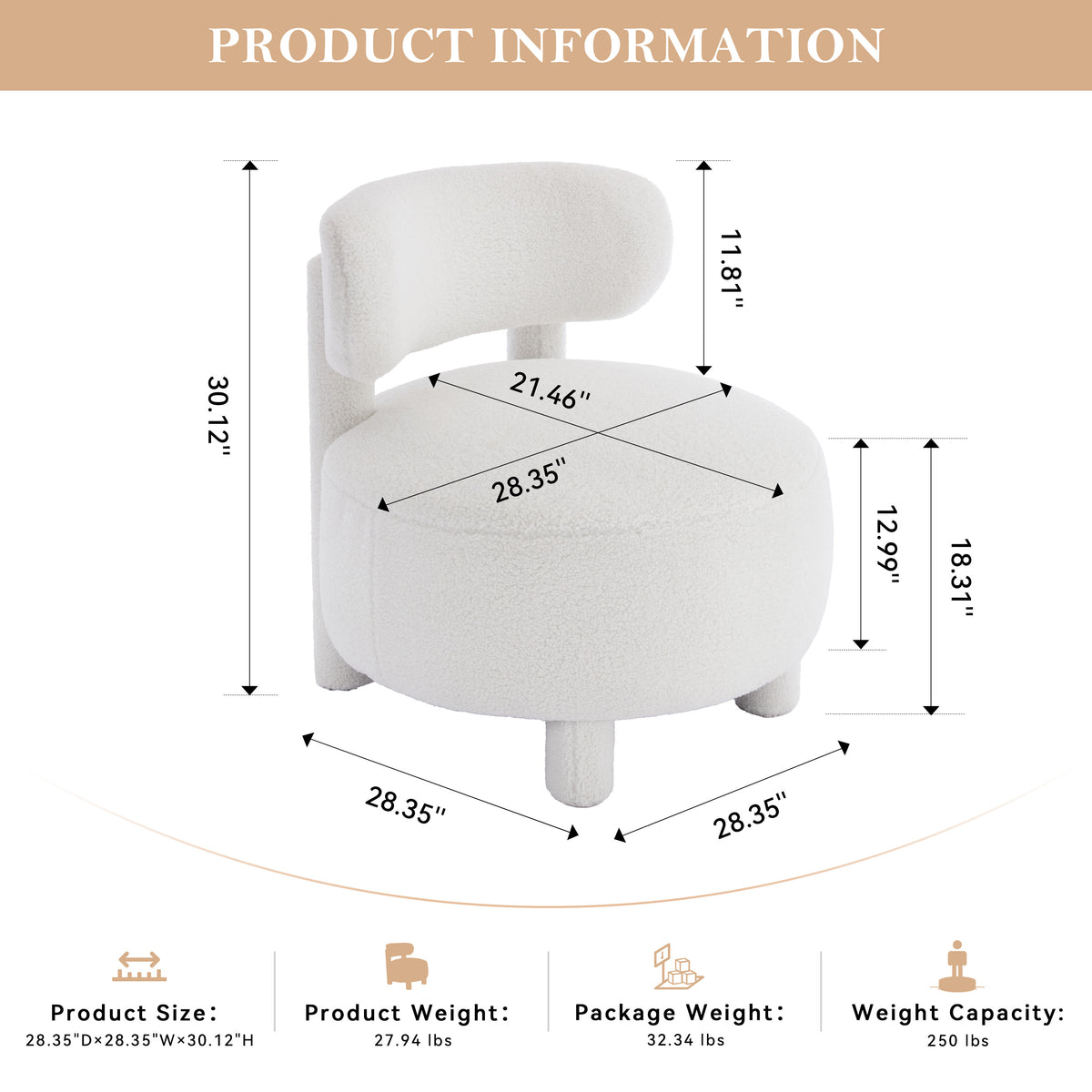 Full product view of Accent Chair Cushioned Seating White Teddy Fabric