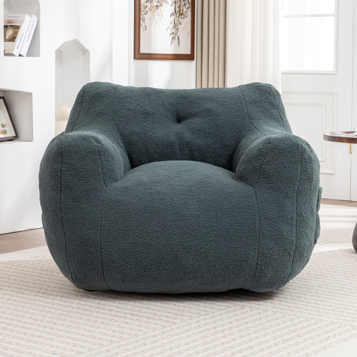 Bean Bag Chair Oversized Seating Light Green Teddy Fabric in a modern living room