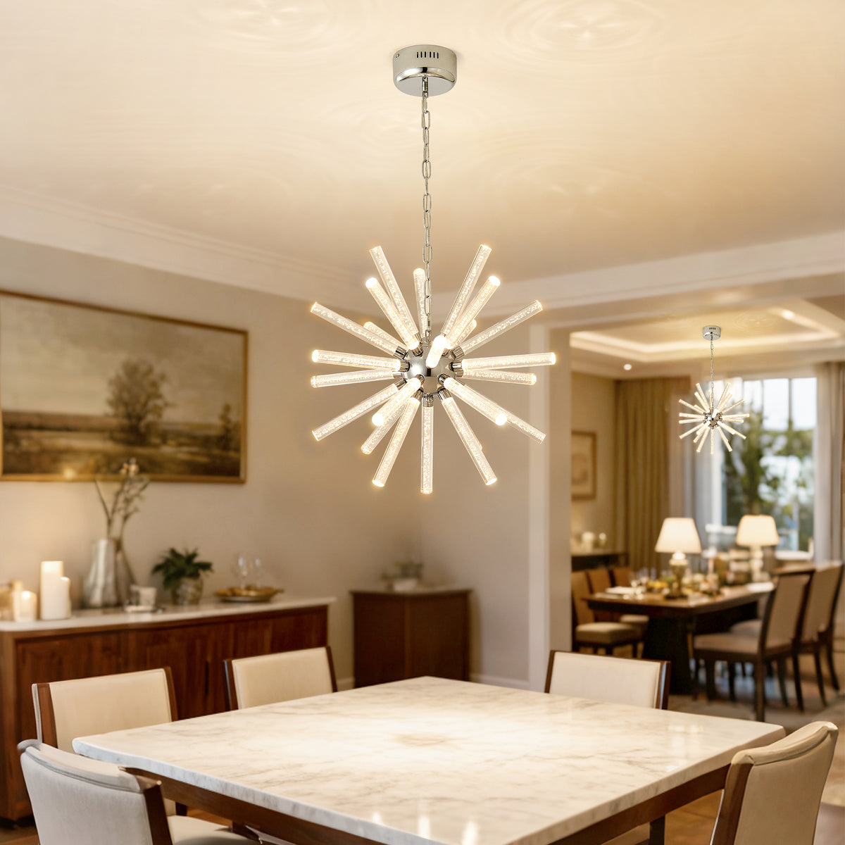 Construction and detail view of Chandelier Modern Bubble Pillar Design Nickel Metal