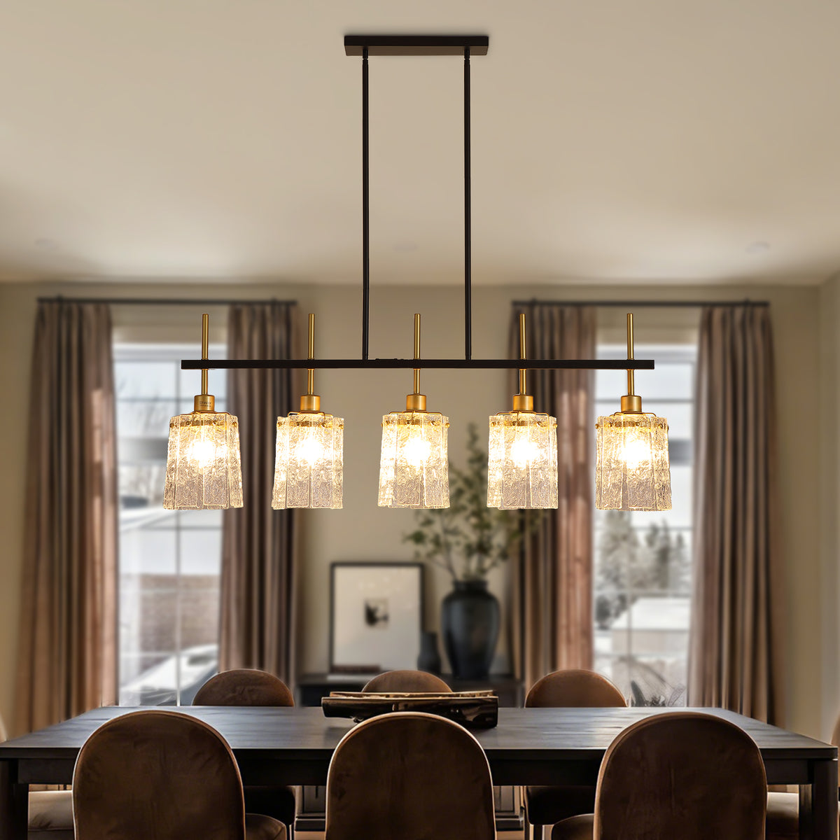 Chandelier Farmhouse 5-Light Fixture Black & Gold Glass & Metal in a modern home interior