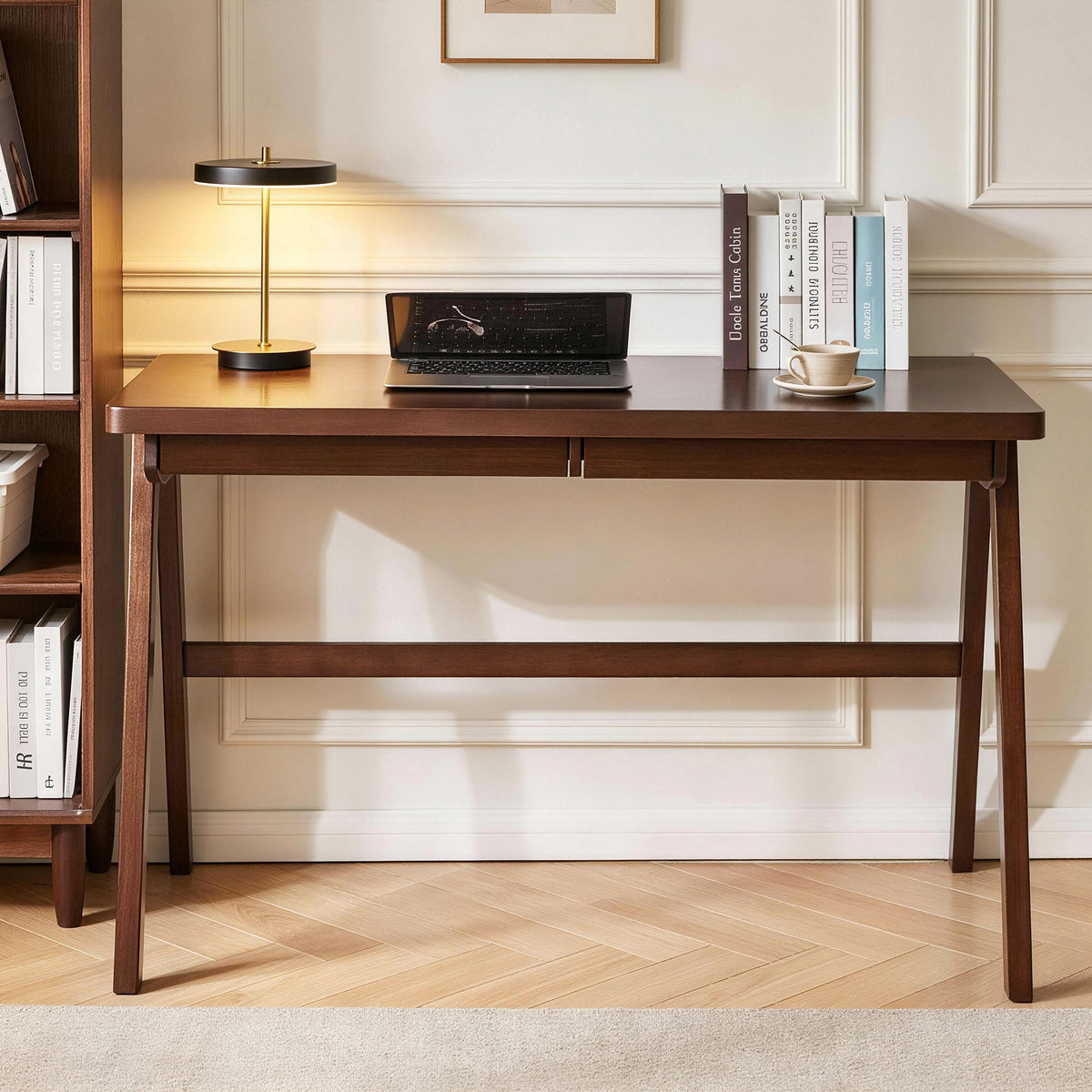Construction and detail view of Computer Desk Storage Drawer Walnut Solid Rubber Wood