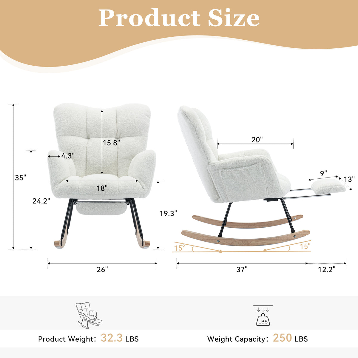 Full product view of Rocking Chair Adjustable Footstool Ivory Teddy Fabric