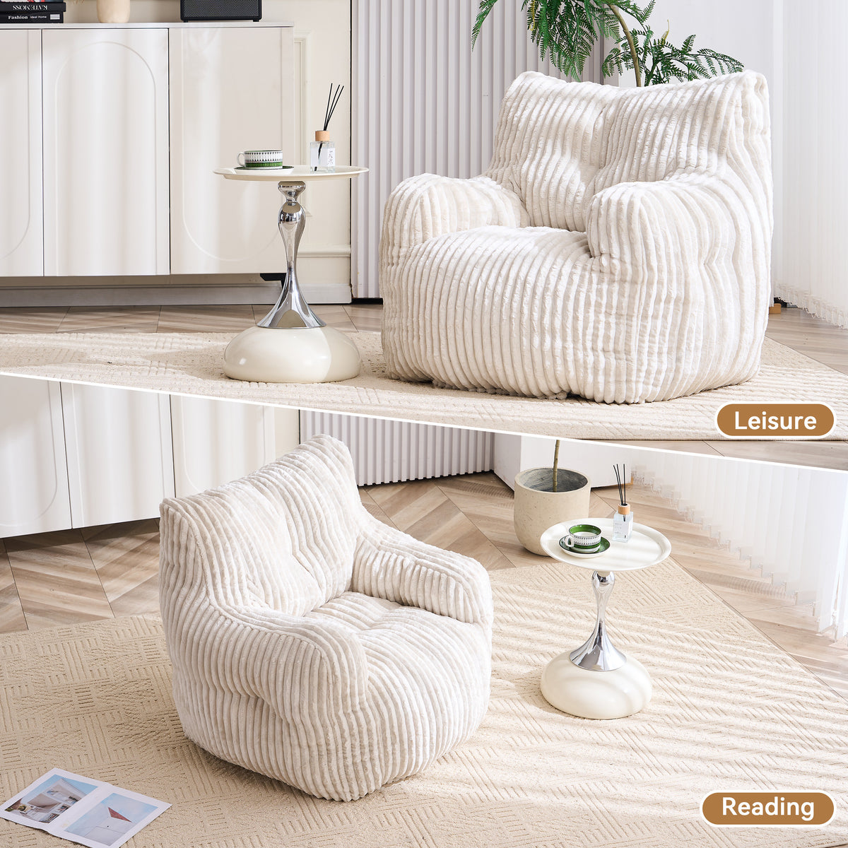 Design feature view of Bean Bag Chair Cushioned Seating Beige Corduroy