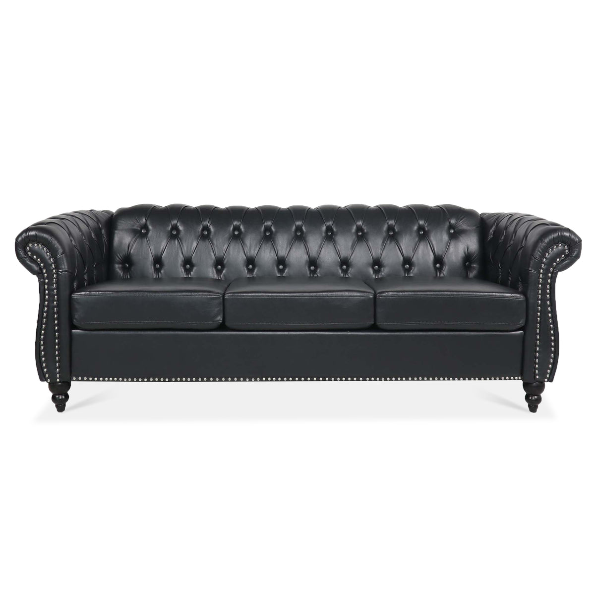 Full product view of Sofa Chesterfield Cushioned Seating Black PU Leather 3-Seater