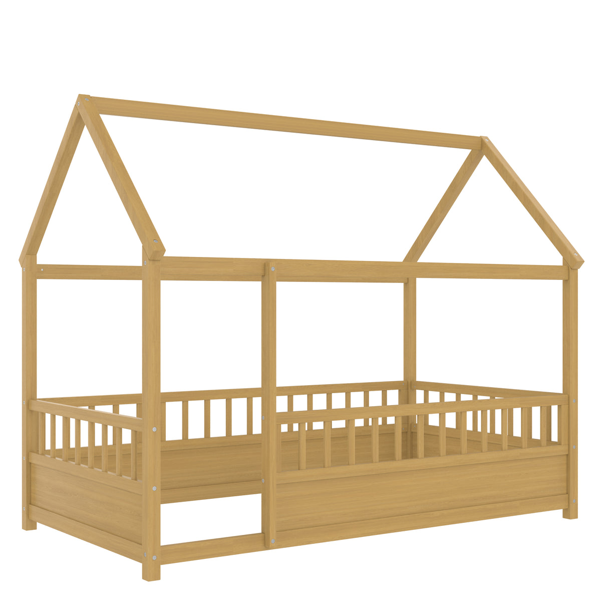 Additional view of Bed Frame House Roof & Guardrails Natural Wood Twin Size