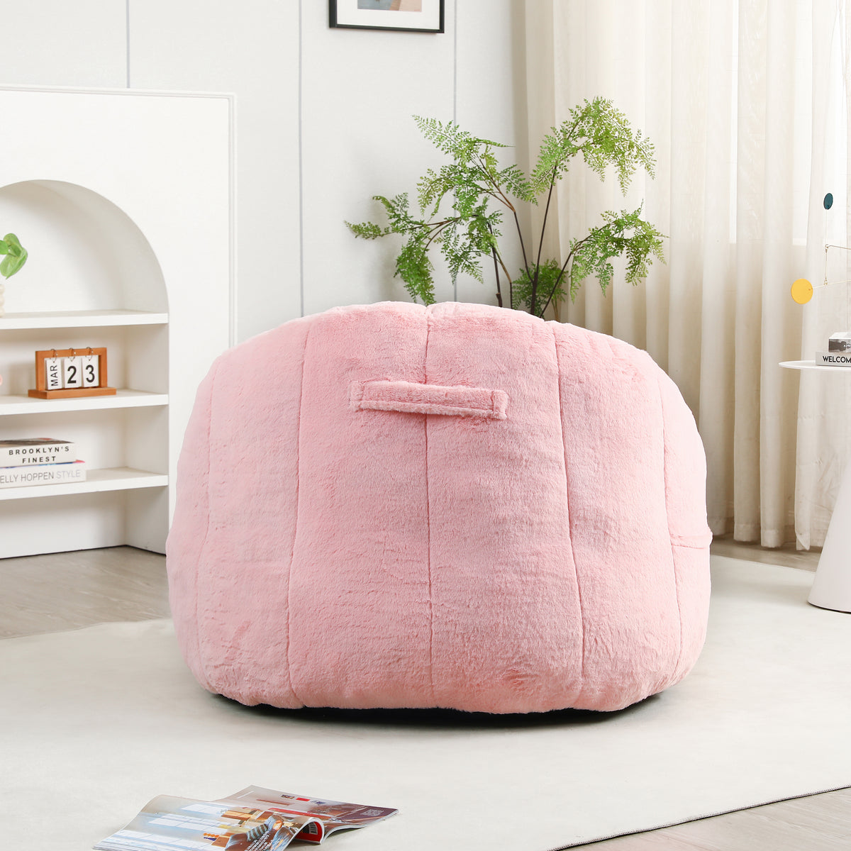 Construction and detail view of Bean Bag Chair Oversized Seating Pink Faux Fur