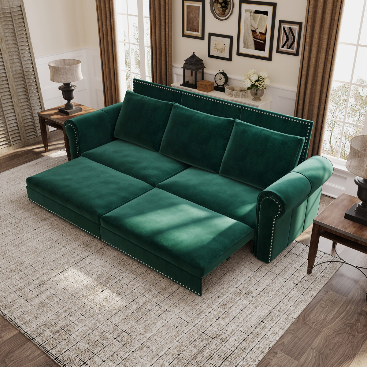 Sofa Bed Pull-Out Sleeper Green Velvet in a modern living room