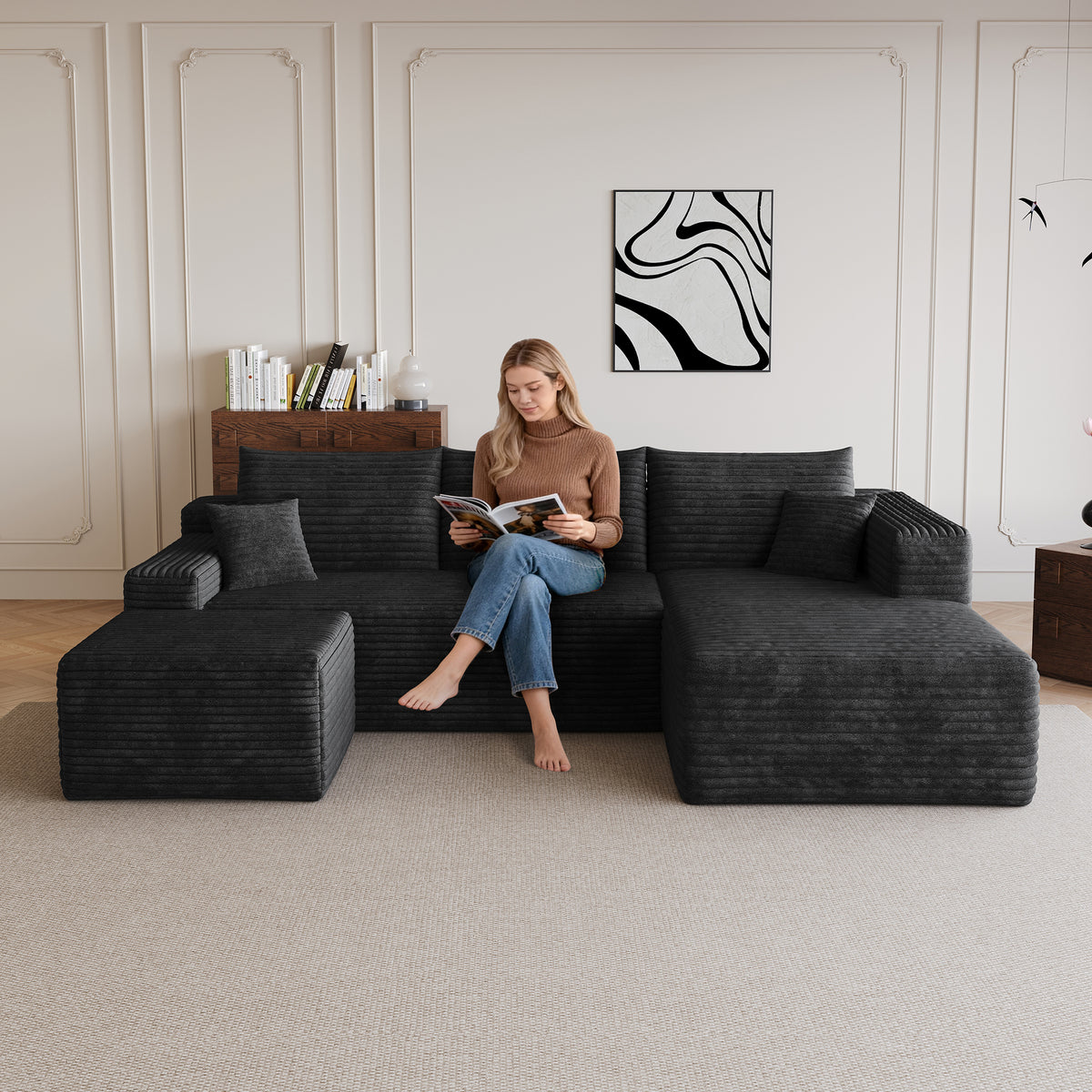 Full product view of Sectional Sofa Modular with Ottoman Black Corduroy